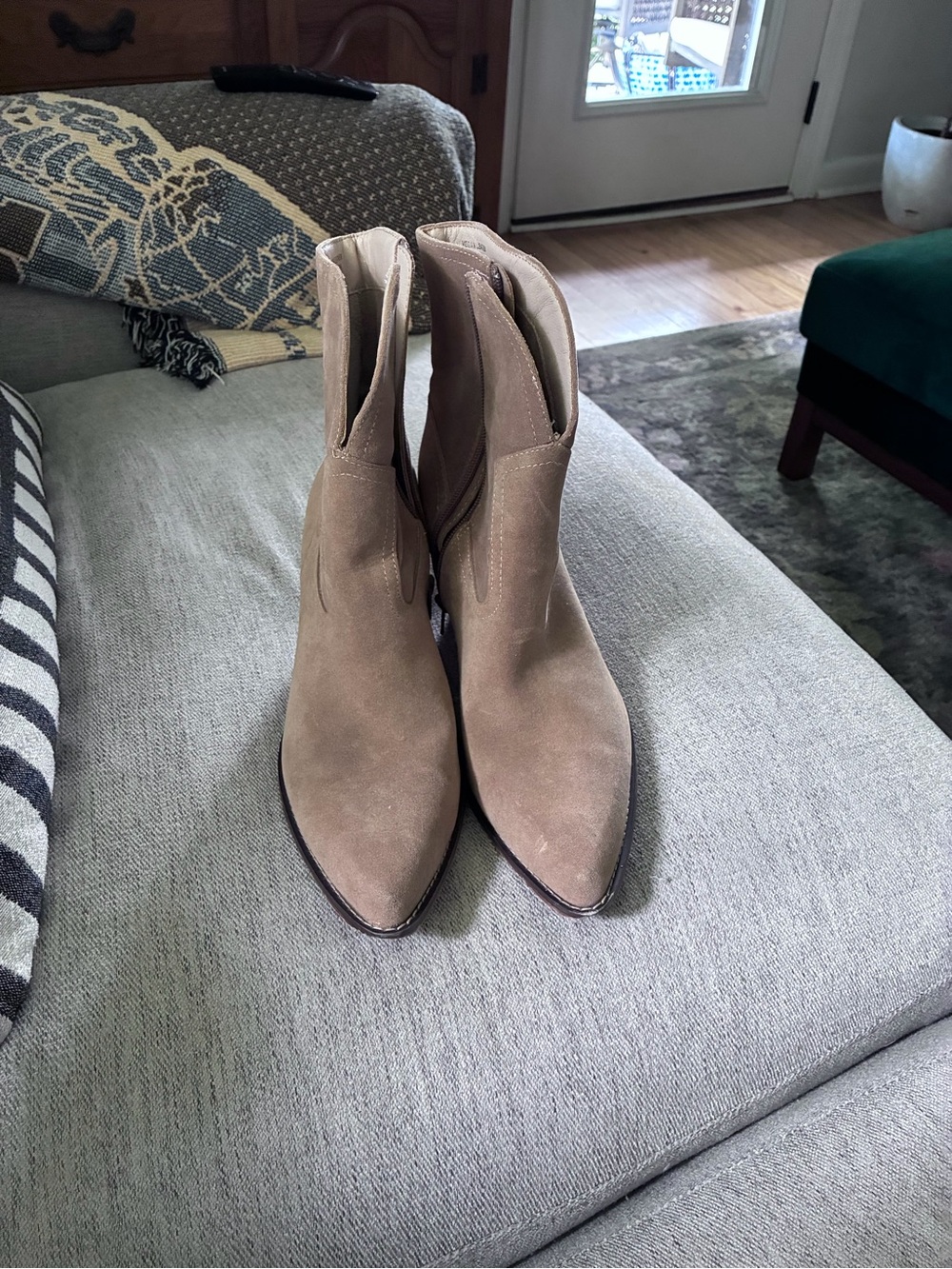 Pointed-Toe Suede Ankle Booties in Taupe